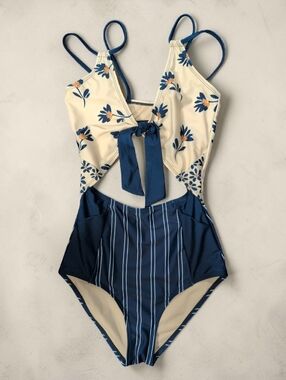 Nani Floral Cutout One Piece Swimsuit XS Blue Cream Tie Front Modest